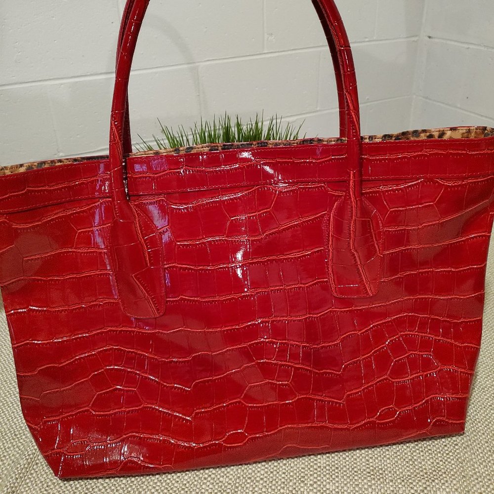 Extra Large Red Patton Leather Tote with Leopard